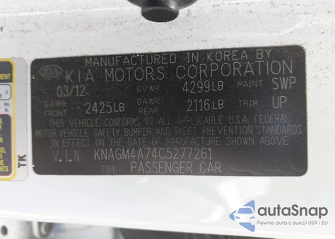 2012 Kia Optima Lx из США, поврежденный, VIN KNAGM4A74C5277261